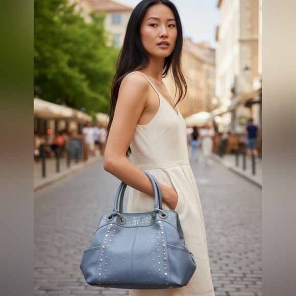 Genna De Rossi Handbags - Genna De Rossi Shoulder Bag Purse Light Blue Faux Leather Studded Tote Large